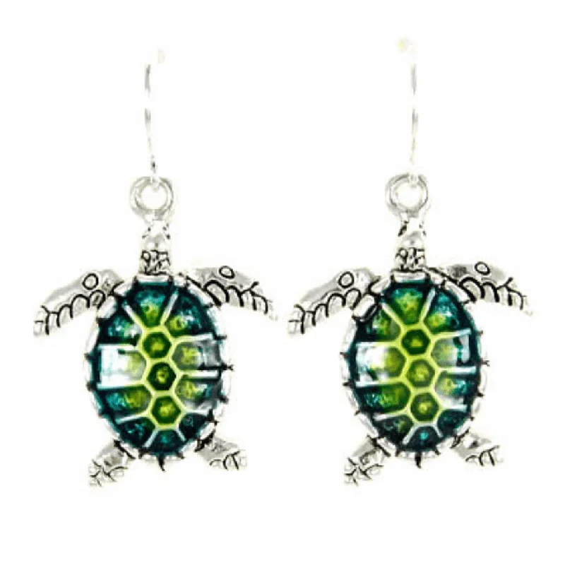 women’s personalized diamond earrings-Green & Turquoise Sea Turtle Earrings In Silver