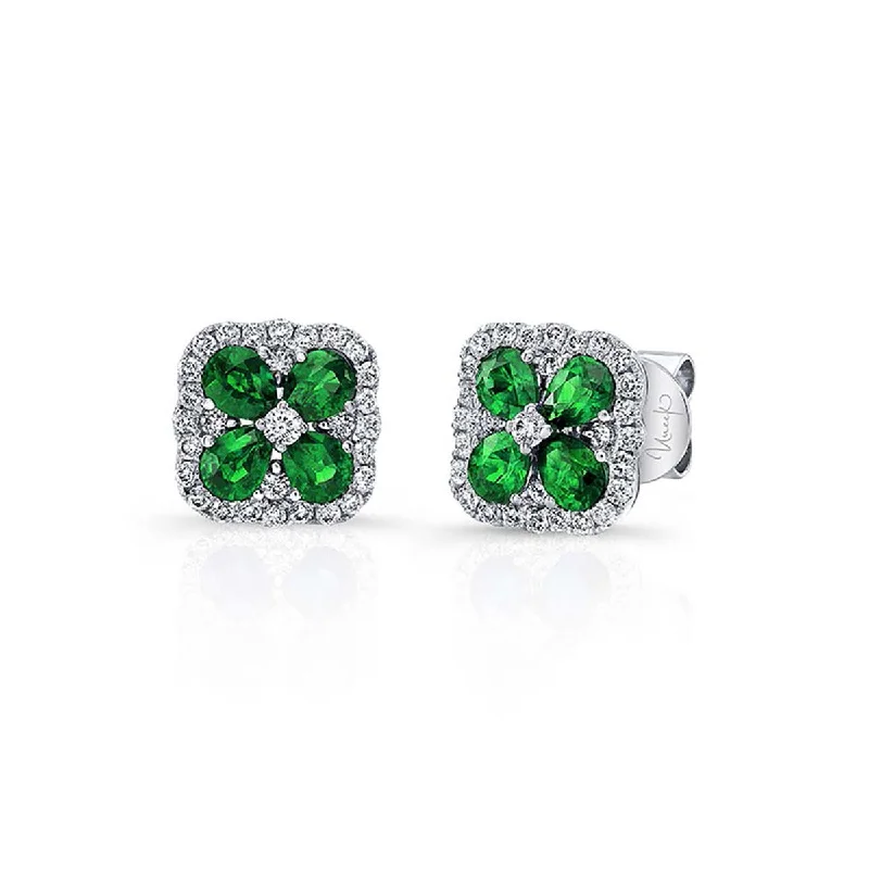 women’s chic drop earrings-Emerald and Diamond Square Stud Earrings