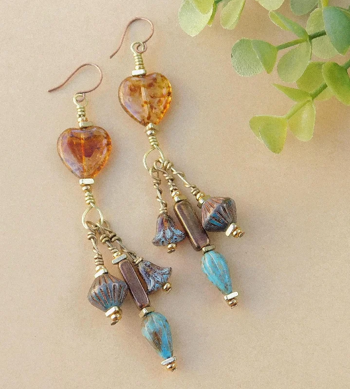 women’s luxury gold earrings-Earthy Amber Dangling Heart Earrings