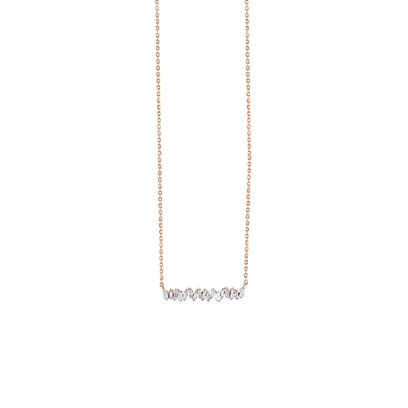 women’s trendy necklaces-18 Karat Rose Gold Horizontal Necklace with White Diamond Baguettes