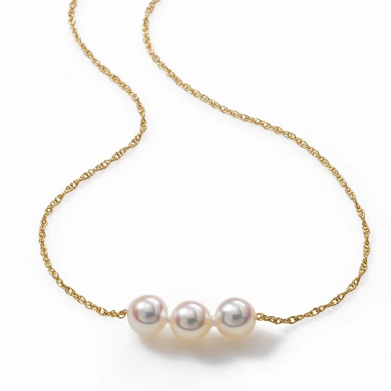 women’s silver pendant necklaces-Pearl Starter Necklace, 3 Akoya 6MM Pearls, 15 Inches, 14K Yellow Gold