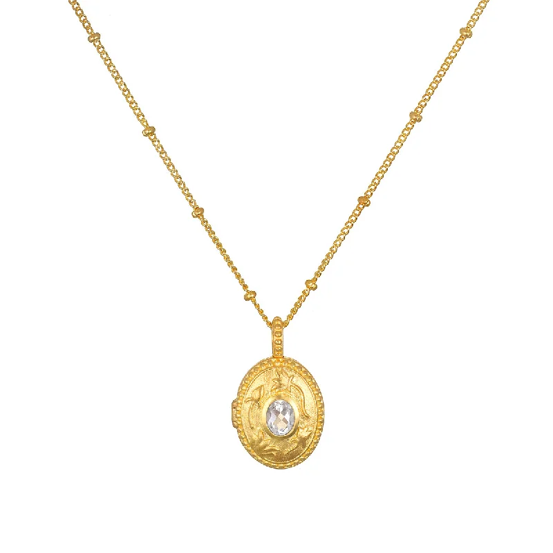 women’s diamond and gold necklaces-Lotus White Topaz Birthstone Locket Necklace - April