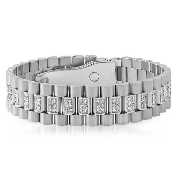 women’s bridal bracelets-Steel President Bracelet CZ Set Center Links