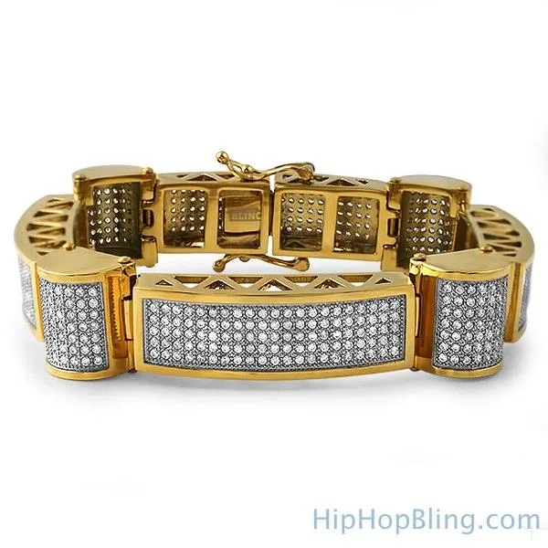 women’s large cuff bracelets-Gold Ice Cylinders Micro Pave CZ Steel Bracelet