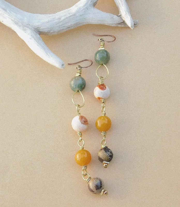 women’s contemporary earrings-Long Dangling Multi-Color Agate Earrings