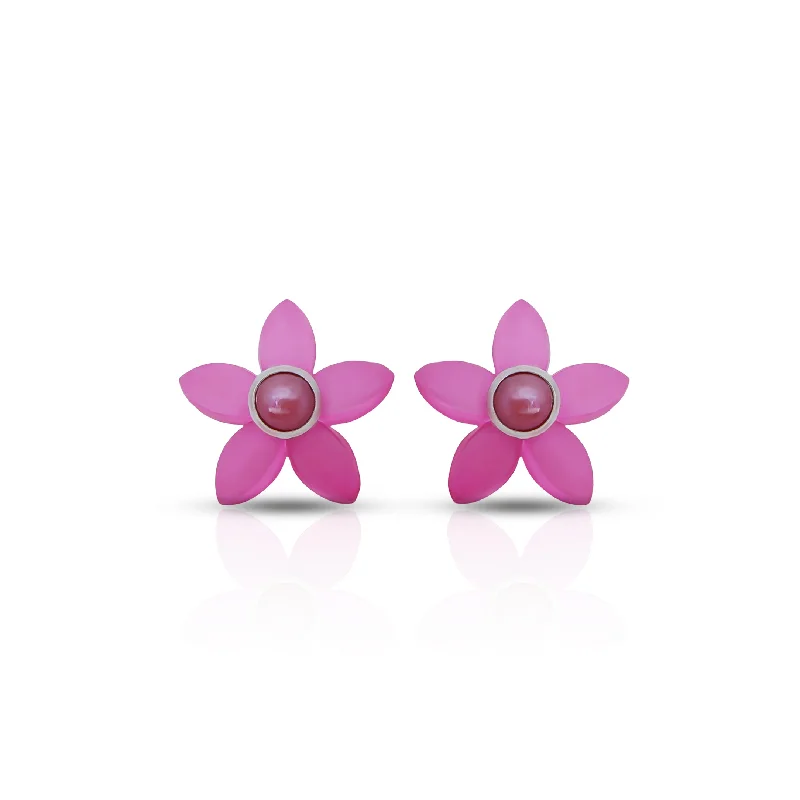 women’s handmade earrings-Pink Flower Stud Silver Earrings with Pearl Center