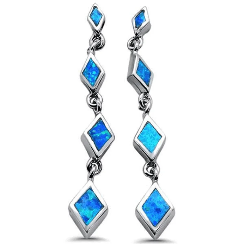 women’s trendy earrings-Blue Opal Diamond Shape Sterling Silver Drop Stud Earrings