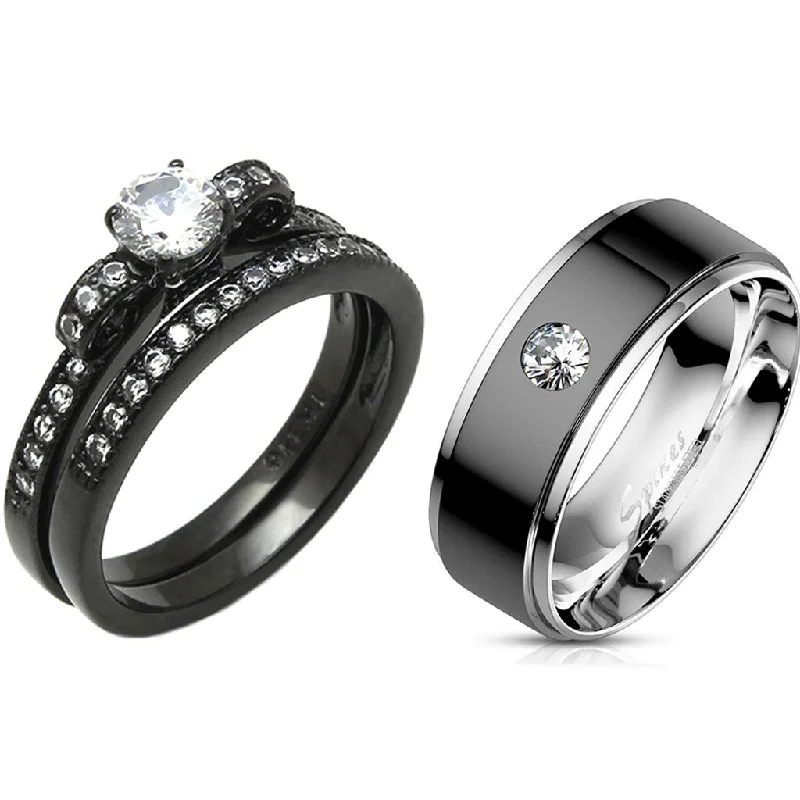 women’s vintage style engagement rings-Couples Ring Set Womens Black Anniversary Ring Mens Bezel Set CZ  Wedding Band