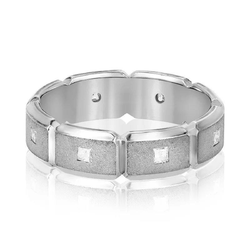 women’s engagement rings with baguette diamonds-Men's Brick Squared Sand Blasted Accented Diamond Wedding Band