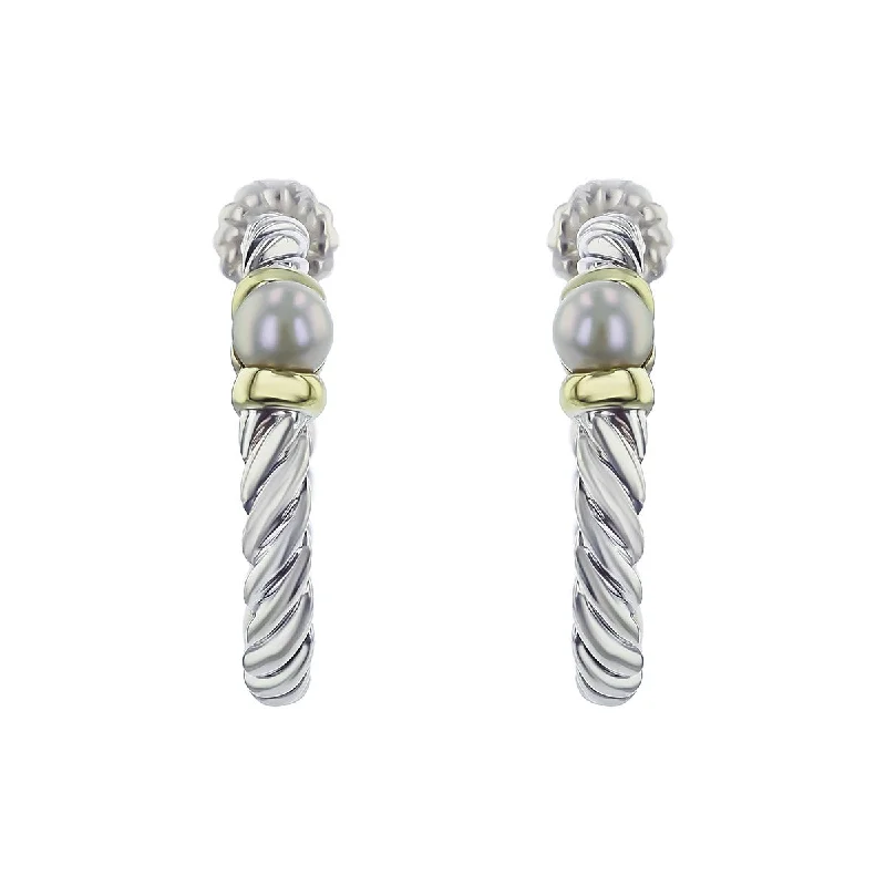 women’s flower earrings-David Yurman Grey Pearl Hoop Earrings with 14K Gold