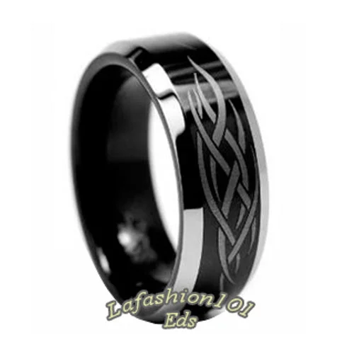 diamond engagement rings for women-8mm Black Ion Plated Laser Engraved Tungsten Carbide Mens Wedding Band