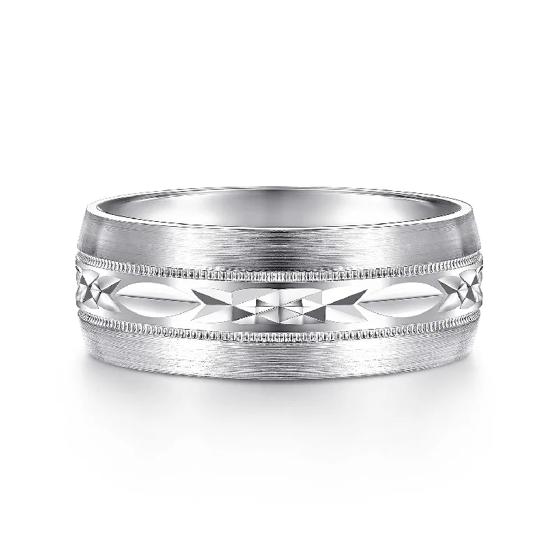 women’s engagement rings with a twist-14K White Gold 8mm - Engraved Men's Wedding Band in Satin Finish