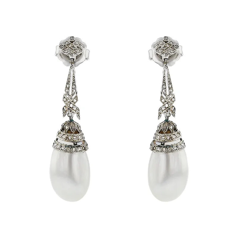 women’s sparkling earrings-Edwardian Natural Pearl and Diamond Drop Earrings