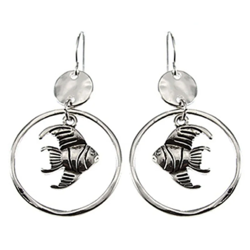 women’s silver stud earrings-Hammered Silver Dangle Hoop Fish Earrings