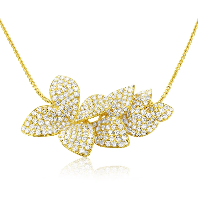 women’s friendship necklaces-3.73 Carat Natural Diamond Pave Flower Necklace 16" in 18K Yellow Gold