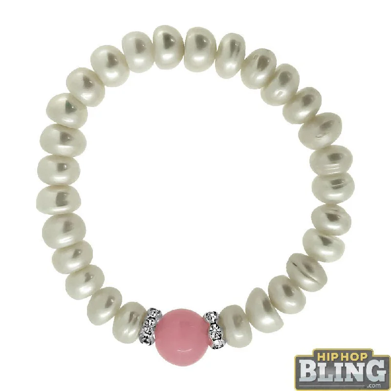 women’s stretchable bangles-Genuine Pearl Bracelet with Pink Gemstone