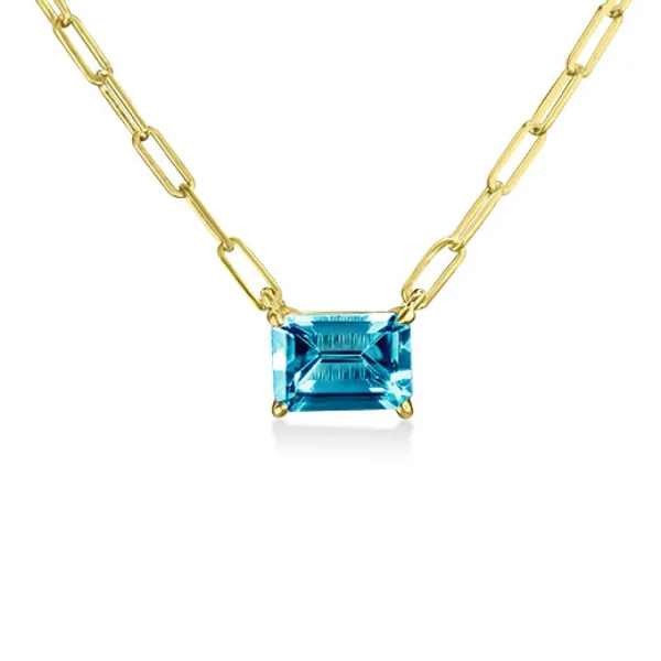 personalized necklaces for women-Emerald Cut Blue Topaz Paperclip Necklace in 14K Yellow Gold