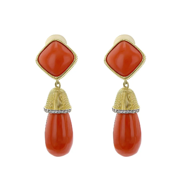 women’s romantic earrings-Coral and Diamond Briolette Drop Earrings