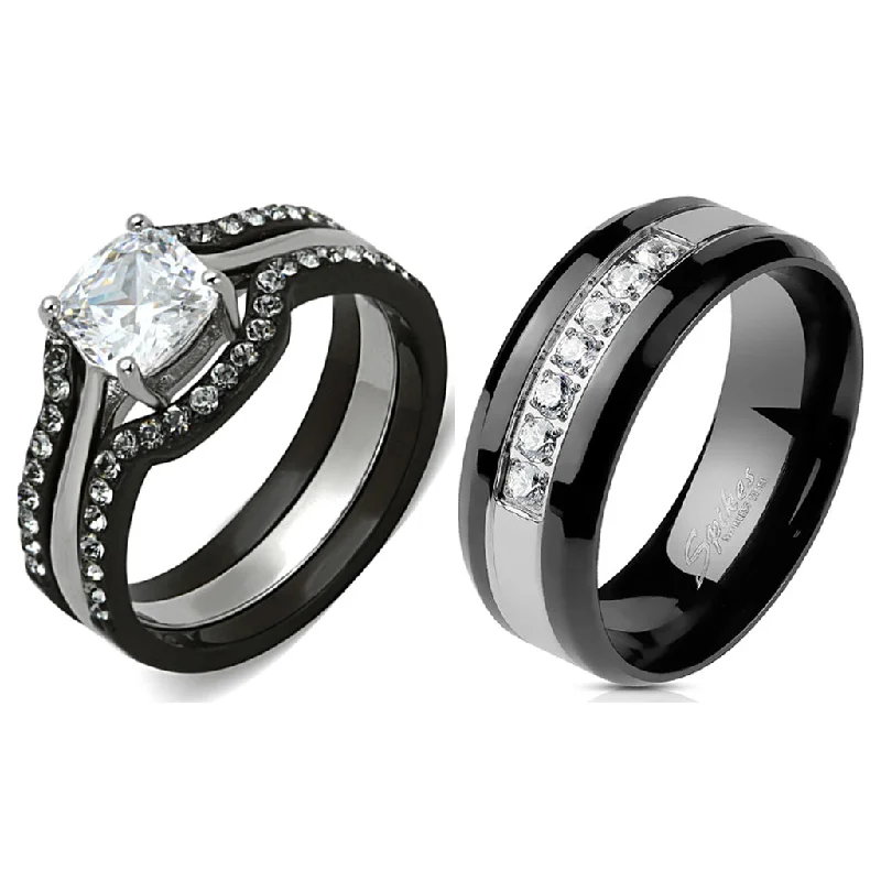 women’s cushion cut engagement rings-His Hers 4 PCS Black Cushion Cut CZ Promise Ring Mens 7 CZ Wedding Band