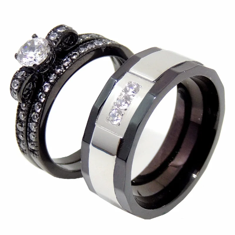 women’s custom engagement rings-Couples Ring Set Womens Black Anniversary Ring Mens 3 CZ Two Tone Wedding Band