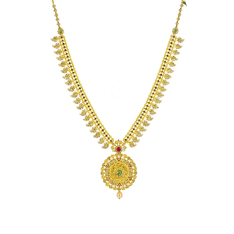 women’s pearl pendant necklaces-22K Yellow Gold Uncut Diamond Mango Necklace W/ 9.59ct Uncut Diamonds, Emeralds, Rubies & Drop Pearl