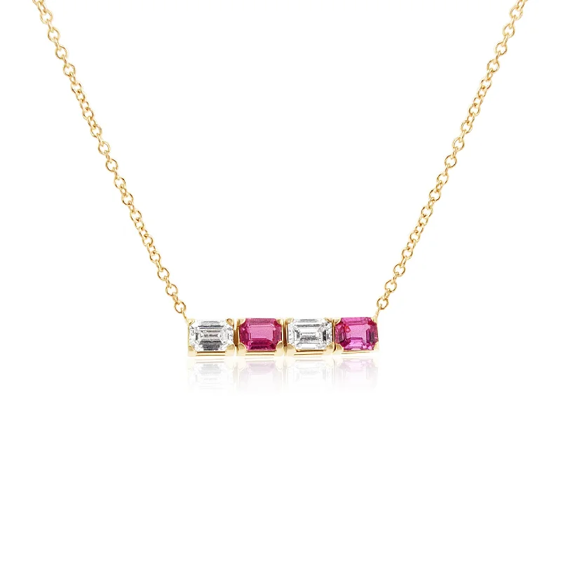 women’s gold choker necklaces-1.05 Carat Lab Emerald Cut and 1.18 Emerald Cut Lab Pink Sapphire Necklace in 14K Rose Gold