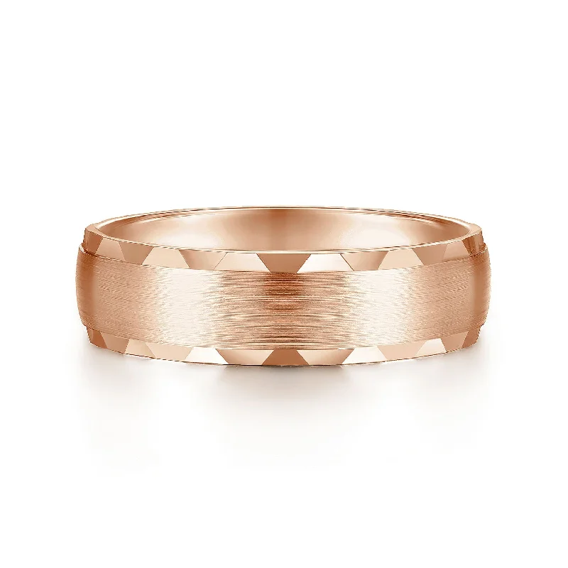 women’s affordable engagement rings-14K Rose Gold 6mm - Satin Finish Men's Wedding Band with Carved Edge