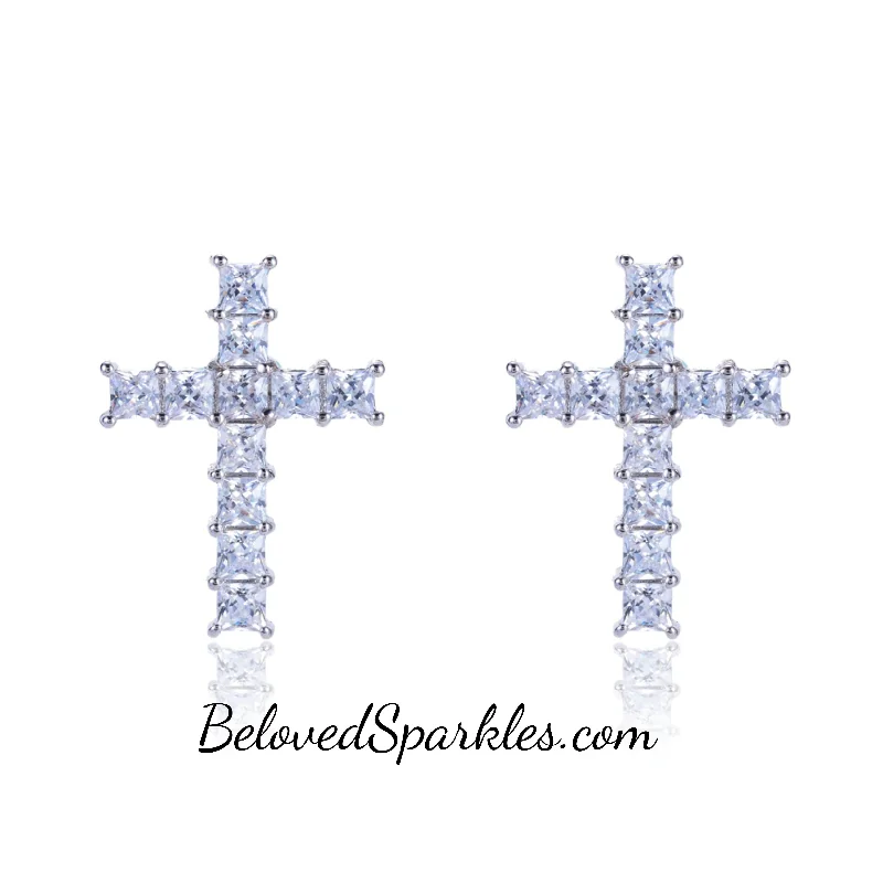 women’s clip-on earrings-Leann Princess CZ Religious Cross Stud Earrings