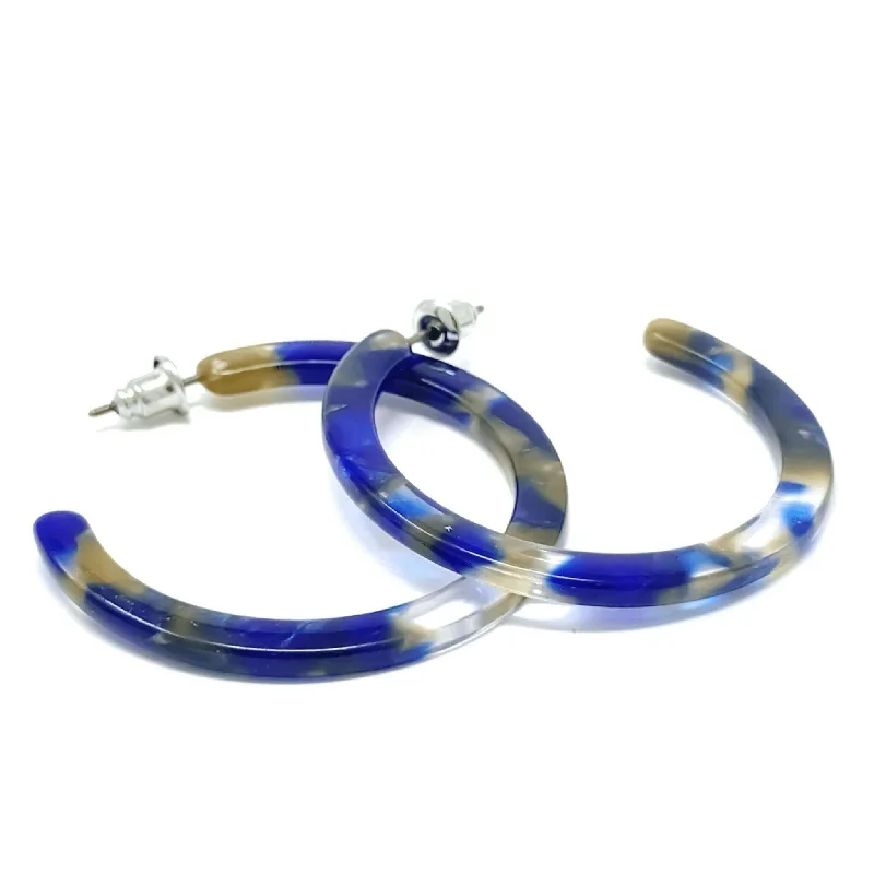 women’s long earrings-Blue Marbled Stud Hoop Resin Earrings