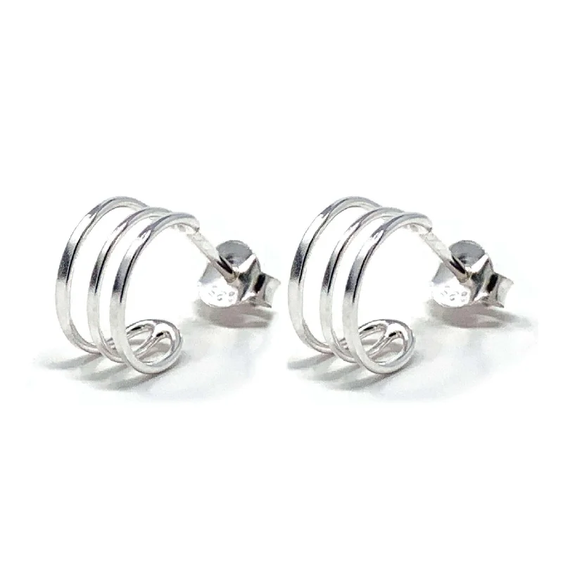 women’s matching earrings-Small Triple Band Sterling Silver Hoop Earrings