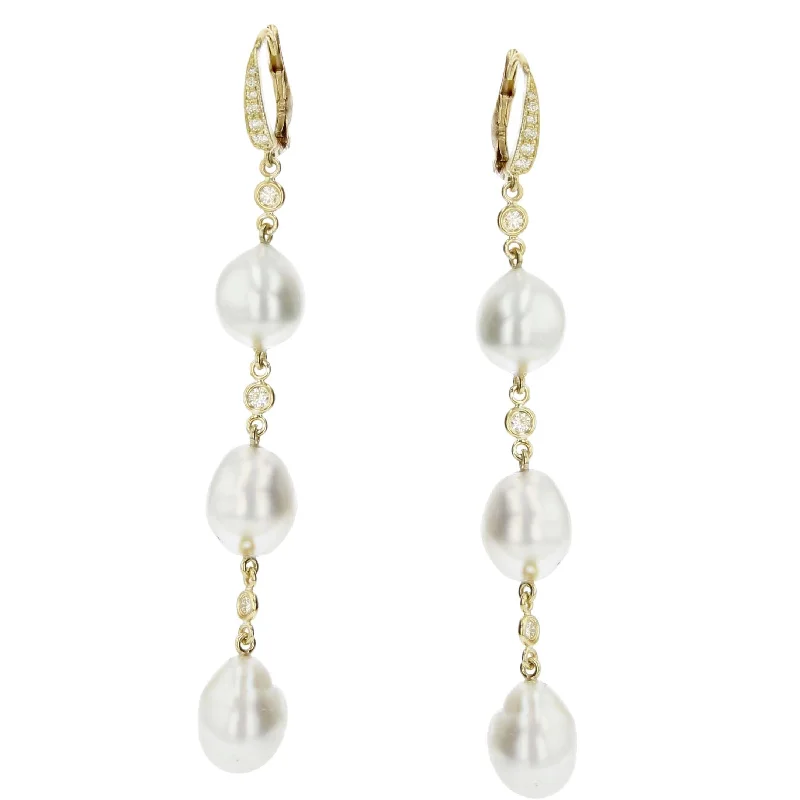 women’s vintage gold earrings-Diamond and South Sea Pearl Long Earrings