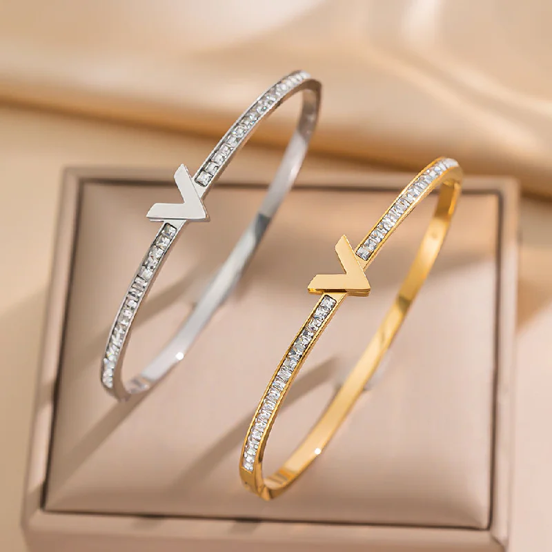 women’s delicate gold bracelets-Ellipse Stainless Steel Diamond Inlay Bangles