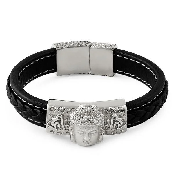 women’s cuff bangles-Buddha Black Leather Stainless Steel Bracelet