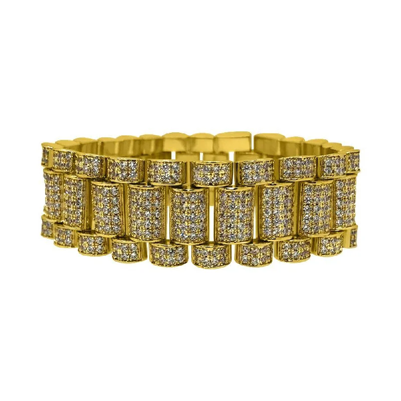 women’s tennis bracelets-.925 Sterling Silver President CZ Bling Bling Bracelet 22MM in Gold