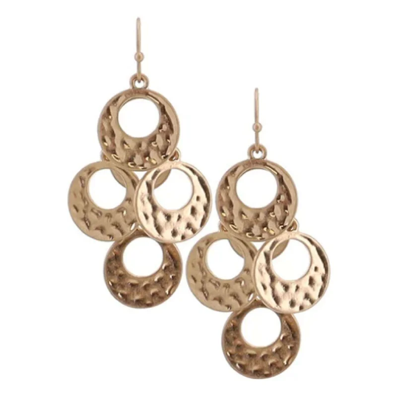 women’s trendy earrings-Layered Worn Gold Hammered Disc Chandelier Earrings