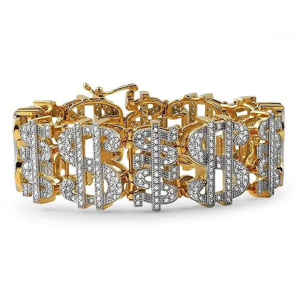 women’s chunky bangles-Gold Cash Money Dollar Sign CZ Bracelet Steel