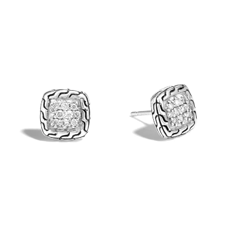 women’s cubic zirconia earrings-Classic Chain Silver Diamond Pave Stud Earrings