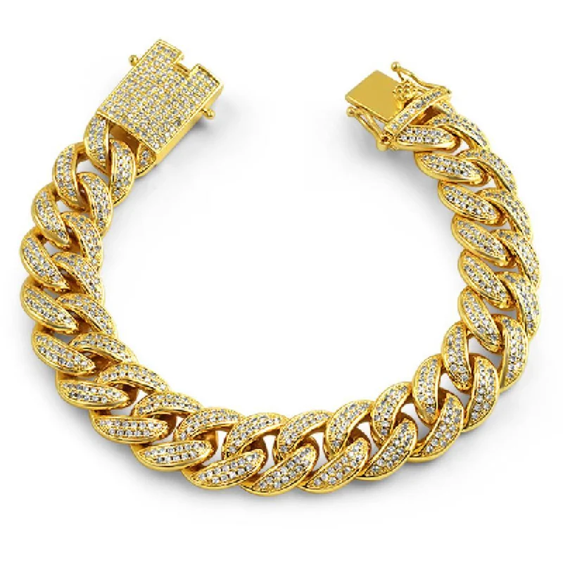 women’s layered bracelets-Full CZ Clasp Gold Cuban Bracelet 15MM Thick