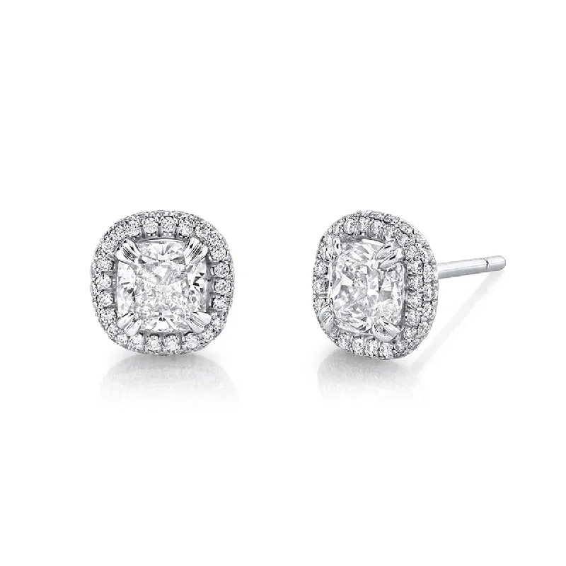 women’s bold earrings-Cushion Diamond and Halo Stud Earrings