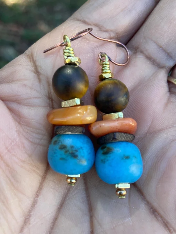 women’s stylish stud earrings-Gemstone and Vintage Style Turquoise Recycled Glass Bead Earrings