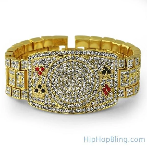 women’s stackable gold bracelets-Texas Hold Em Poker Gold Bling Bling Bracelet