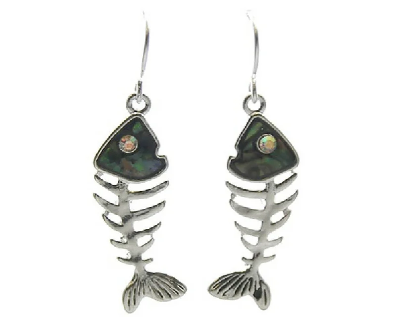 women’s sterling silver earrings-Silver & Abalone Fish Bone Dangle Earrings with Rhinestone Accents