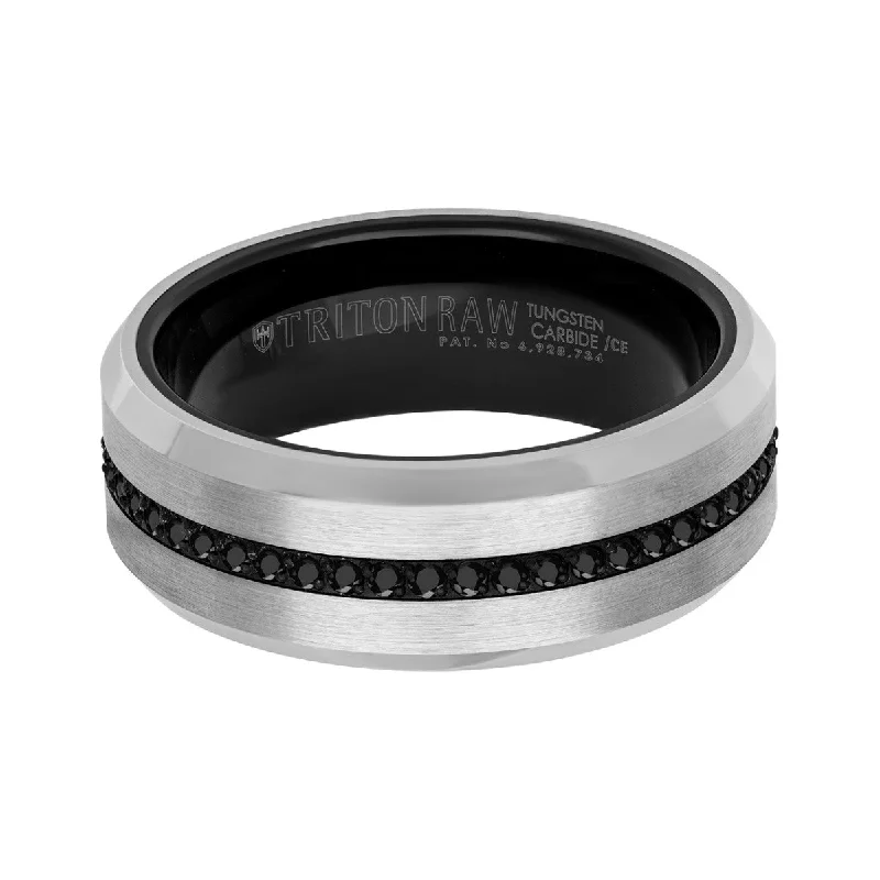 women’s engagement rings with round diamonds-Triton 8MM Tungsten Wedding Band with Black Sapphires. Size 10