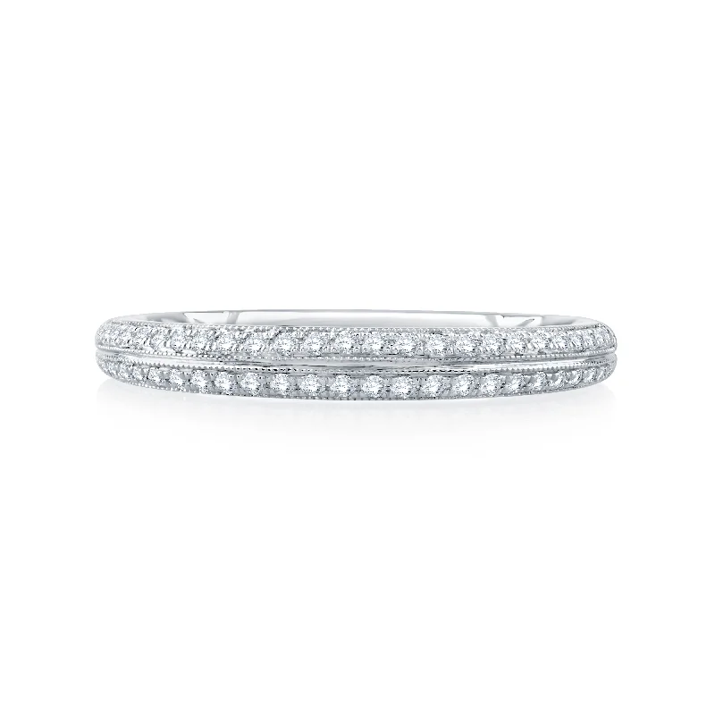 women’s engagement rings with round diamonds-A.Jaffe Modern Vintage Two Row Milgrain Detail Diamond Quilted Wedding Band MR2294Q/22