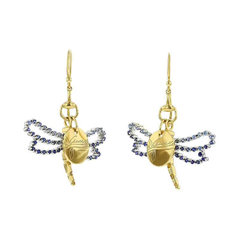 women’s sterling silver earrings-Gucci 18K Yellow Gold Sapphire Dragonfly Earrings