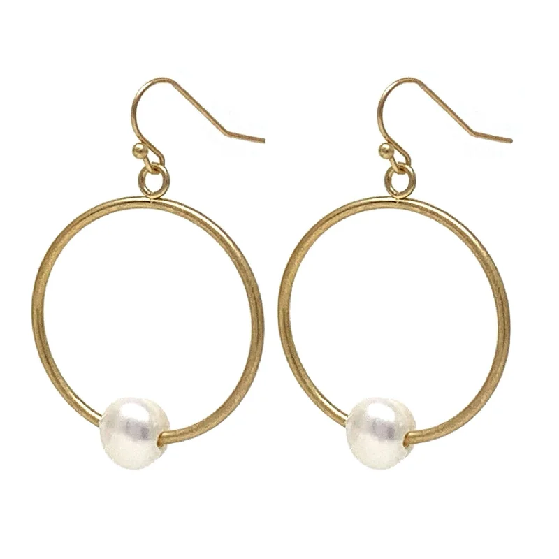 women’s square earrings-Worn Gold Hoop Pearl Earrings