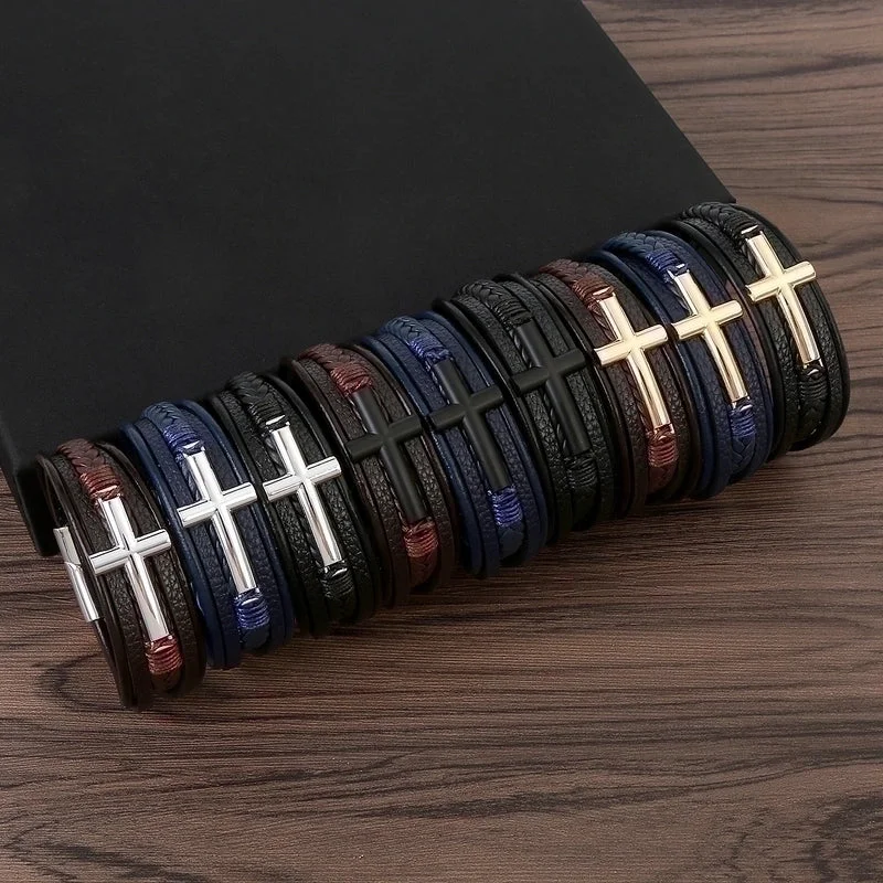 women’s double bangle bracelets-Casual Streetwear Cross Stainless Steel Pu Leather Bangle