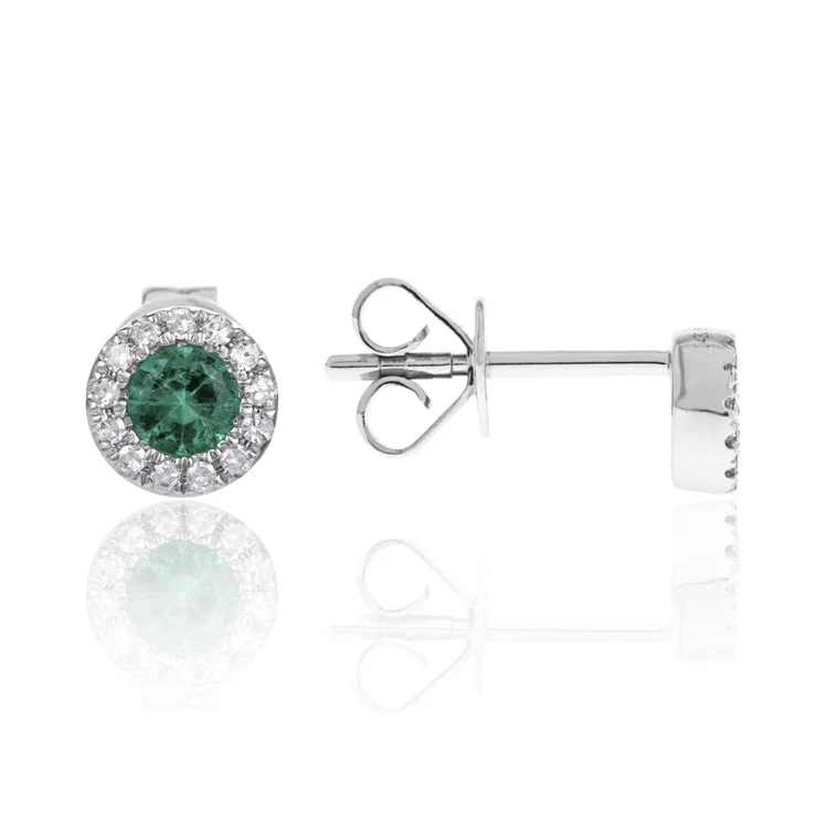 women’s heart-shaped gold earrings-Luvente 14k White Gold Emerald Earrings with Diamond Halo E03128-EM