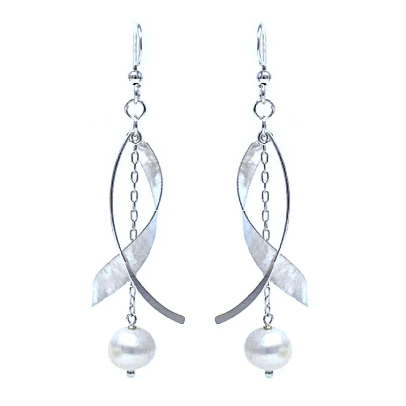 women’s chic drop earrings-Sterling Silver Twist Earrings Beaded With Freshwater Pearl