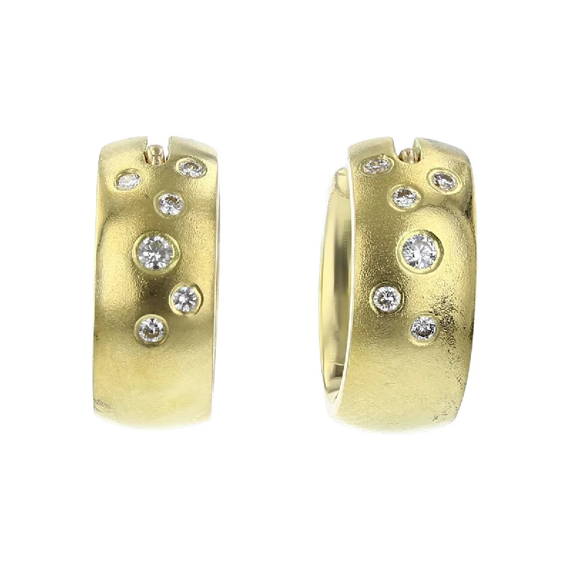 women’s romantic earrings-Diamond 18K Yellow Gold Brush Finish Huggie Earrings